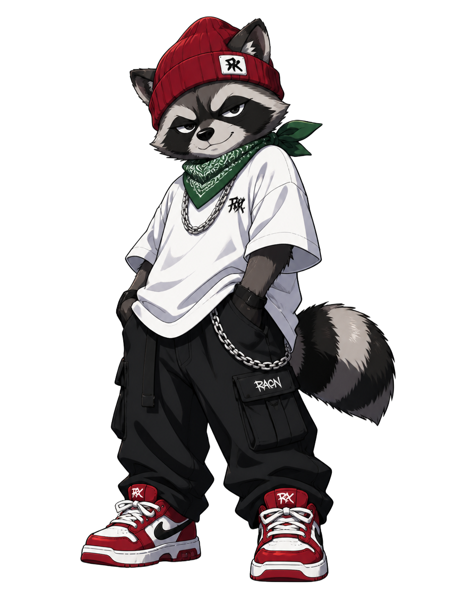 MIZO raccoon mascot in streetwear